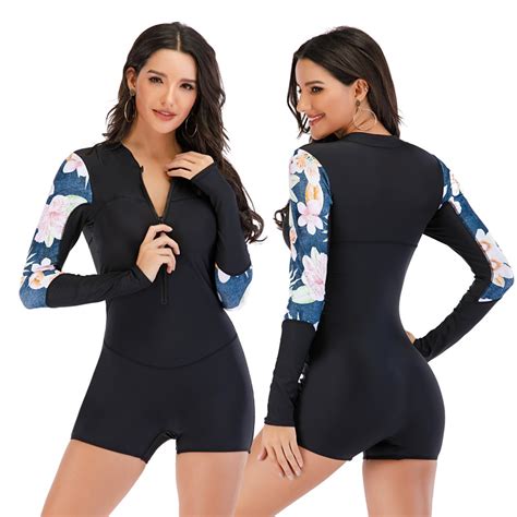 Women Long Sleeve Bathing Suit Front Zipper One Piece Rash Guard