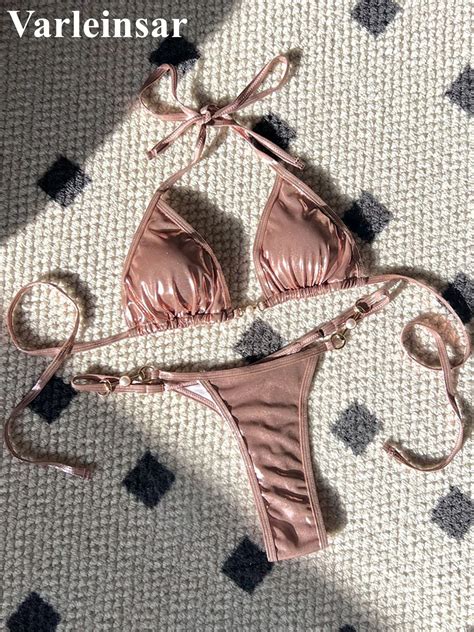 Nieuwe Pu Faux Lederen Halter Mini Thong Bikini Vrouwelijk Badpak