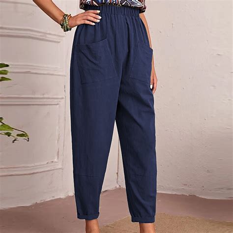 Oglccg Womens Cotton Linen Pants Plus Size Elastic Waist Ankle Length