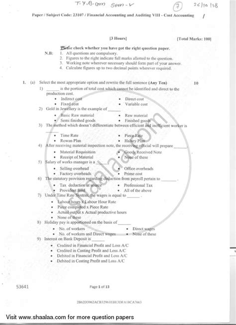 Cost Accountingfinancial Accounting And Auditing 8 2018 2019 Bcom