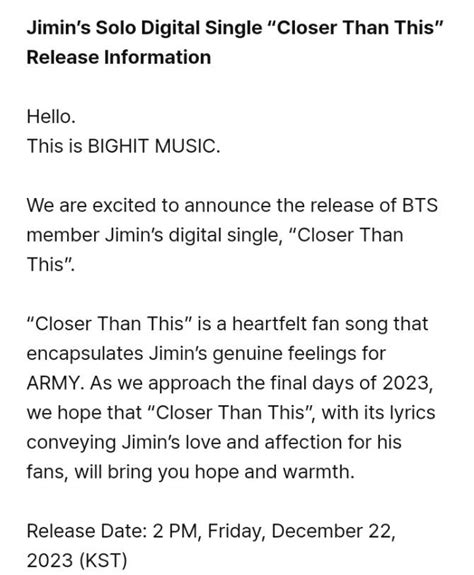 Bts Community Post Jimin Solo Digital Single Closer Than This Out