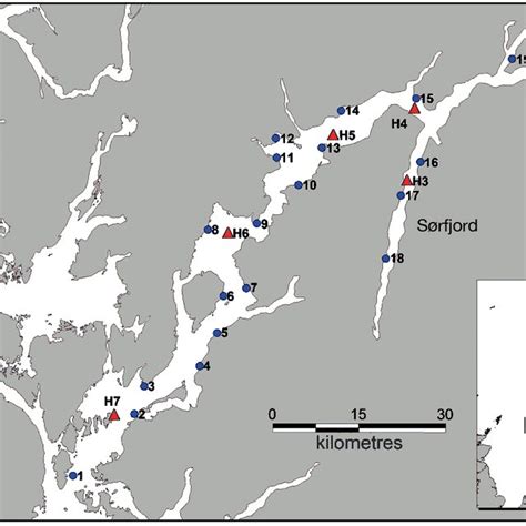 Map of Hardangerfjord study area with macroalgal sampling (1−20) and ...