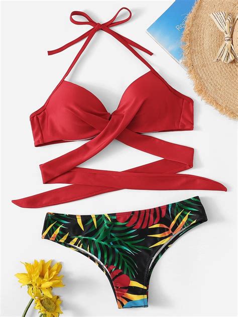 Cross Wrap Halter Top Random Tropical Panty Bikini Set SHEIN