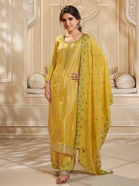 Yellow Dola Silk Palazzo Suit Set With Zari And Self Weave Top Vinay