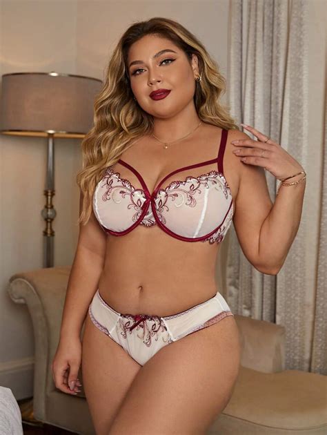Classic Sexy Plus Floral Embroidery Mesh Underwire Lingerie Set SHEIN USA