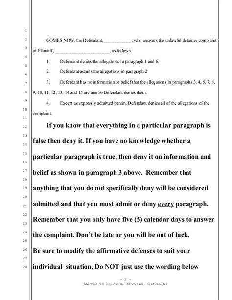 Sample Answer To Unlawful Detainer Eviction Complaint For California