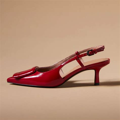 Red Patent Leather Square Buckle Pointed Toe Slingback Pumps