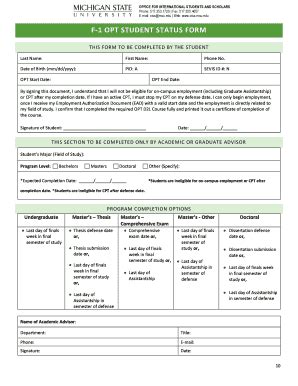 Fillable Online Oiss Isp Msu OPTIONAL PRACTICAL TRAINING OPT FOR F 1