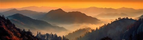 Premium AI Image Misty Mountains With A Dreamy Sunrise Glow Banner