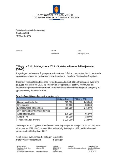 Tildelingsbrev Statsforvalterens Fellestjenester Tillegg Nr