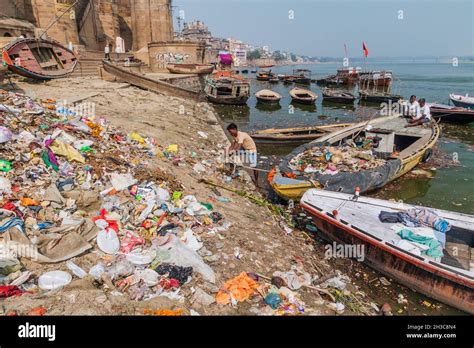 Varanasi India October 25 2016 Pile Of Trash At A Ghat Riverfront
