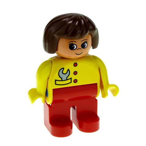 1xLego Duplo Figur Frau Mechanikerin Rot Jacke Gelb Werkzeug 4555pb248