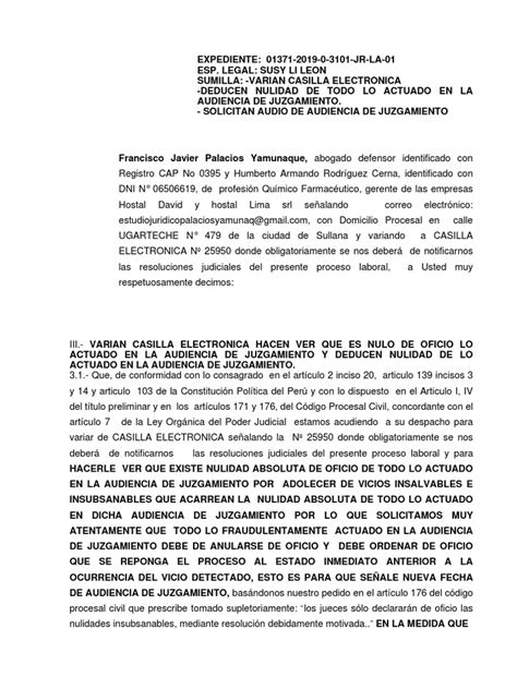 Modelo De Solicitud De Nulidad De Audiencia De Juzgamiento Pdf Ley