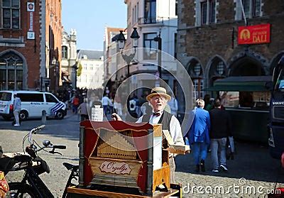 View On Hurdy Gurdy Barrel Organ Old Man Performer On Belgian Market