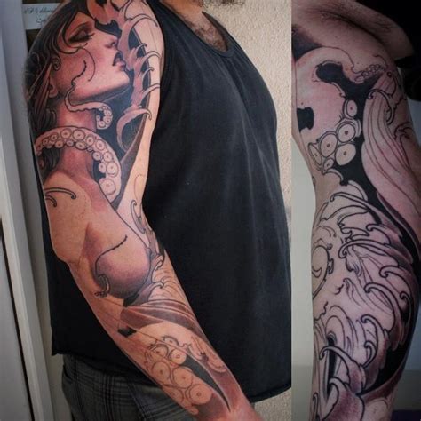 Jeff Norton Tattoos Tattoos Black And Gray Octopus And Girl Sleeve