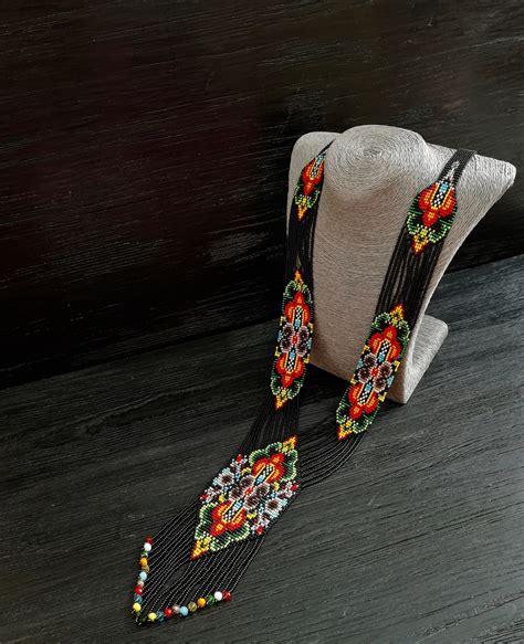 Long Huichol Art Colorful Geometric Beadwork Tassel Necklace Etsy