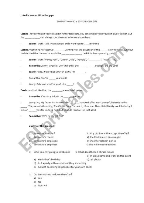 Sex And The City Audio Lesson Esl Worksheet By Karinnys