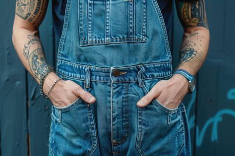 Premium Photo | Person in denim overalls with hands in pockets