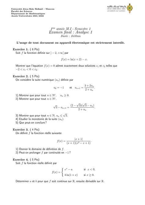 Sujet corrige EF Analyse 1 21 22 Université Abou Bekr Belkaid Tlemcen