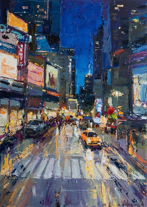 Night City Street Original Urban Landscape Painting Impasto Art