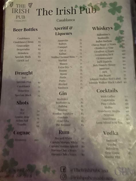 Carta De The Irish Pub Casablanca Casablanca