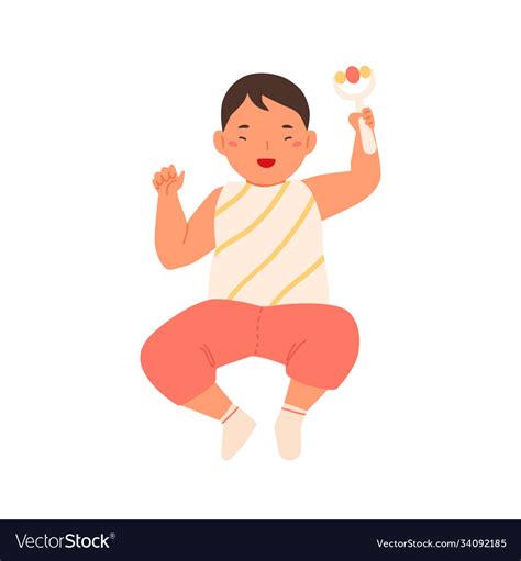 Cheerful Cute Baby Lying Holding Rattle Royalty Free Vector