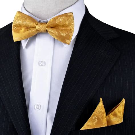 New Floral Solid Yellow Gold Tuxedo Bow Tie Pre Tied Mens Silk