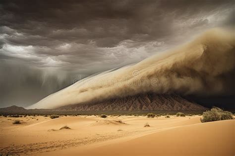 Sandstorm Formation Over Desert Scene With Dramatic Sky Clouds Stock