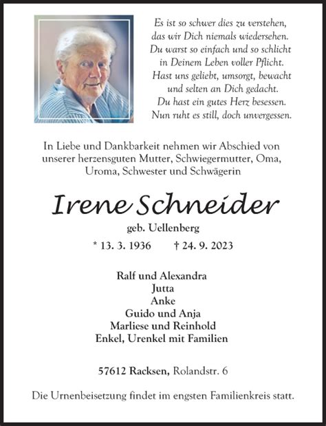 Traueranzeigen Von Irene Schneider Rz Trauer De