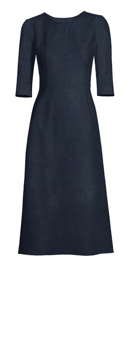 Navy Blue Elbow Sleeve Round Neck A Line Midi Dress Sumissura