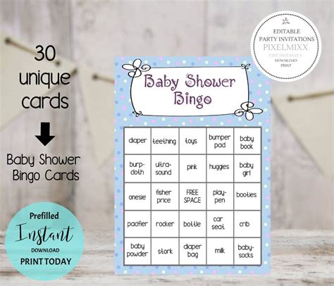 Bingo Game Boards Baby Shower Bingo Printable Pre Filled Bingo Cards