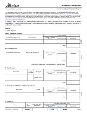 Fillable Online Alberta Immigrant Nominee Program Net Worth Worksheet