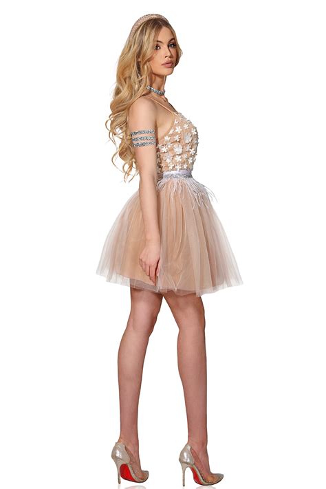 Mini Dress Aria Lace Tulle Nude And White Lorreti