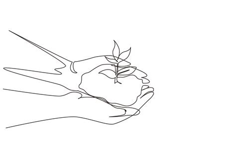 Single continuous line drawing hand holding sprout wilde pine tree in ...