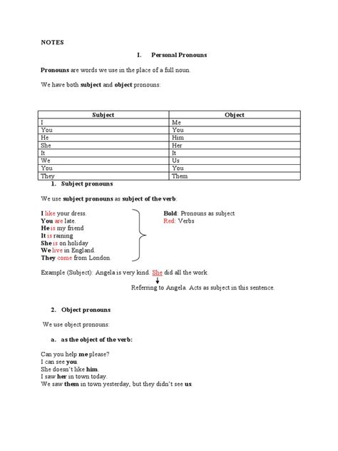 Notes On Pronouns Pdf Object Grammar Pronoun