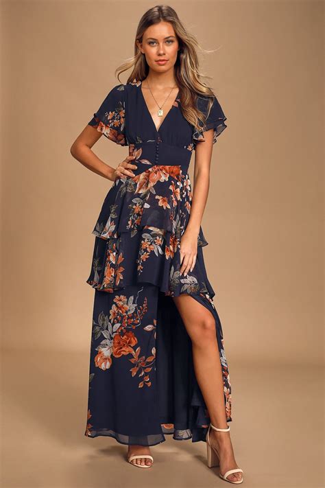 Midnight Mood Navy Blue Floral Print Tiered Maxi Dress Maxi Dress