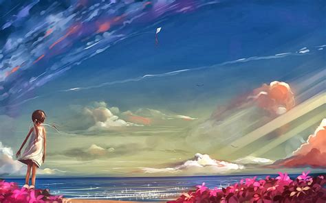 Hd Wallpaper Anime Girls Sea Flowers Beach Sky Clouds Water