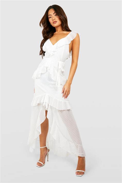 Womens Dobby Ruffle Plunge Maxi Dress Boohoo Uk