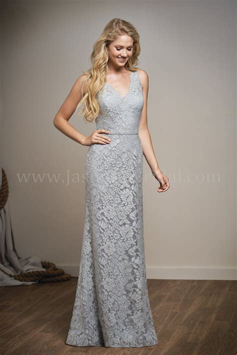 L204008 Long V Neck Lace Bridesmaid Dress