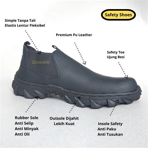 Jual Zinonim Sepatu Safety Pria Slip On Elastik Ujung Besi Hitam Black