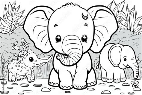 Cute Elephant Animal Coloring Book Page For Children Black And White