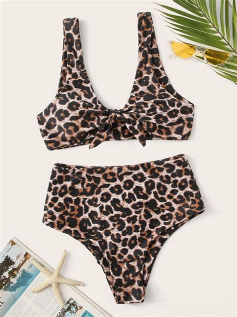 Leopard Knot Front High Waisted Bikini Swimsuit Shein Usa