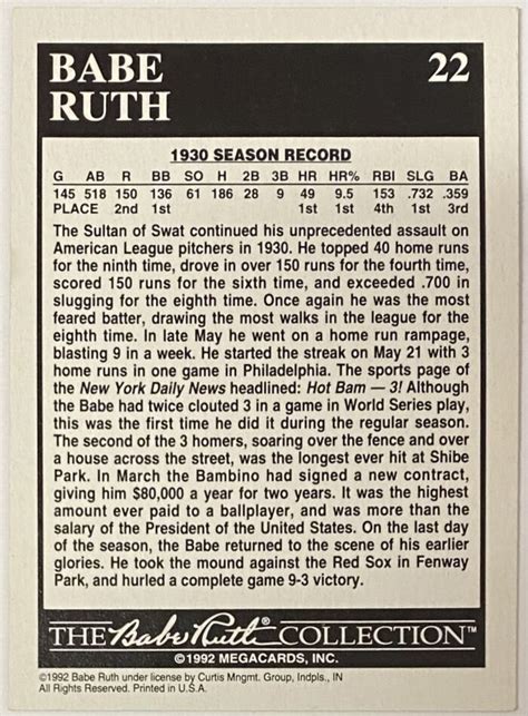 Babe Ruth 1992 Megacards New York Yankees The Babe Ruth Collection Year