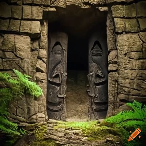 Ancient Stone Door With Engraved African Masks In A Cave On Craiyon