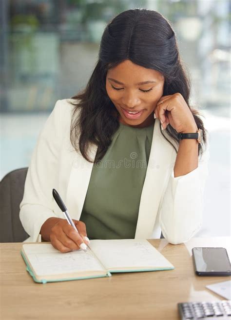 Black Woman Business Notebook And Writing In Company Financial Planning Schedule Management Or