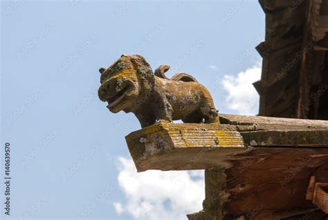 Manali India Tripura Sundari Temple The Wooden Statue Of A Lion On