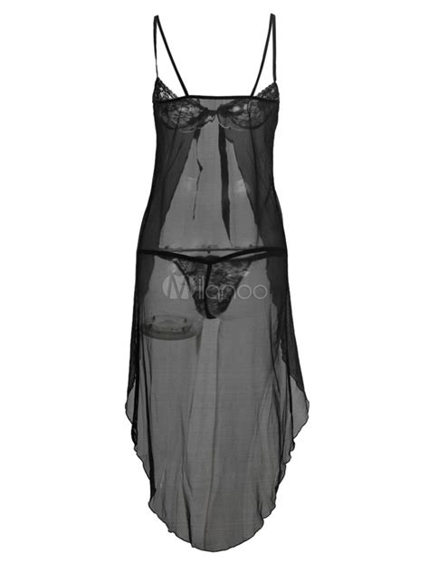 Black Gown Set Lace Patchwork Straps High Low Maxi Sexy Lingerie Piece For Women Milanoo