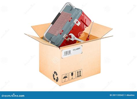 Toolbox Inside Cardboard Box Delivery Concept 3d Rendering Stock