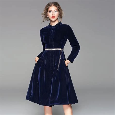 2018 Autumn Winter Velvet Dress Women Long Sleeve A Line Button Blue