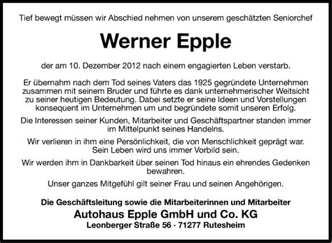 Traueranzeigen Von Werner Epple Stuttgart Gedenkt De